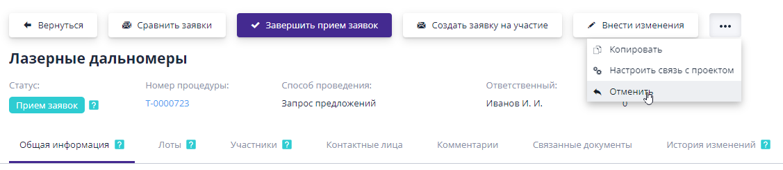 Cancellation of the trading procedure