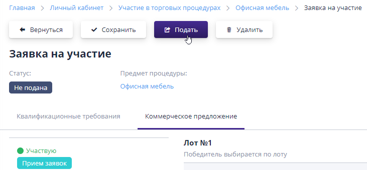 Submitting an application to participate in the auction